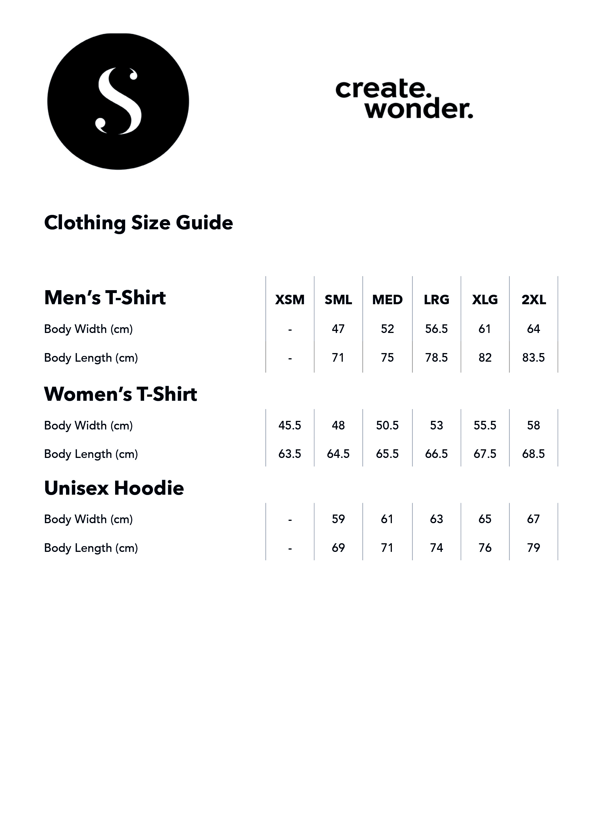 S Merch Size Guide